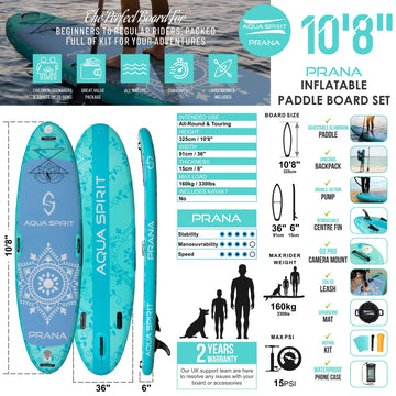 Aqua Spirit Prana 10′8FT Yoga Water AquaFitness Stand Up Paddle Board Kit, 6" Thick, Aluminium Paddle & Clips, Backpack, Change Mat, Pump, Leash, Mount for GoPro, Shoulder Straps & 2 Year Warranty
